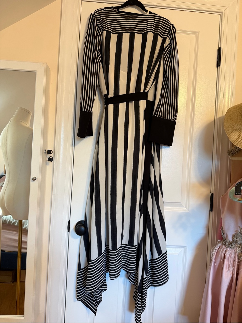 BCBGMaxAzria Black and White Striped Asymmetrical Wrap Dress - Picture 2 of 3
